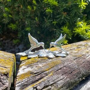 Vintage Pewter Hummingbird Flower Figurine Pen Holder Silver Decor Cottagecore